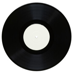 A single classic black vinyl LP record with a highly reflective, glossy surface and sharp, visible concentric grooves, featuring a blank white label and spindle hole, presented on a pristine pure