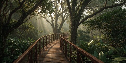 Winding wooden pathway through a lush green forest with sunlight streaming through the trees above path