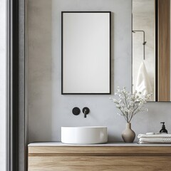 Fototapeta premium A bathroom with a white sink and a black mirror