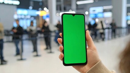 Hand Holding Smartphone with Green Screen in Airport Check-in Line