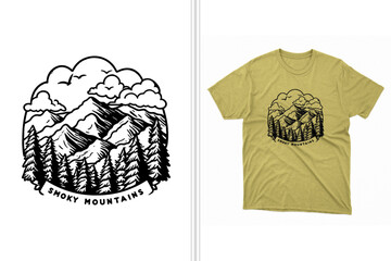 smoky mountains t shirt design vector template, outdoor t-shirt design illustration, mountain and trees outline in black