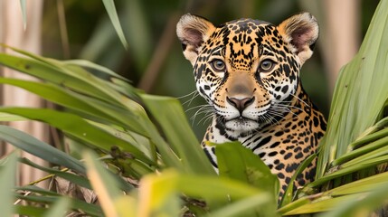 Pouncing jaguar with chromatic aberration effect, jungle colors smearing
