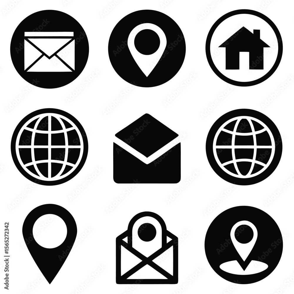 Fototapete icon set in black for navigation home location globe email phone in solid and outlined styles.