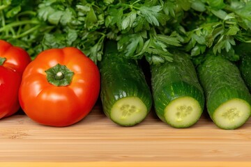 Fresh Tomatoes, Cucumbers, and Parsley Beautifully Arranged on a Wooden Cutting Board Ideal for Healthy Cooking and Vibrant Food Presentation