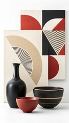 Modern geometric art and decorative bowls in red black and beige