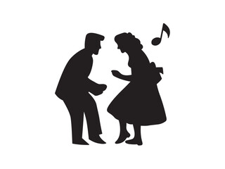 Vector isolated dancing man and woman full body side view colorless black and white flat symbol icon logo infographics on a white background silhouette shadow shape stencil solid black