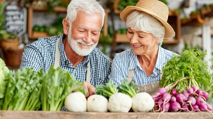 Sustainable aging community senior couple selling vegetables at farmers market, senior couple selling vegetables with happy smiles, senior couple selling vegetables in organic lifestyle