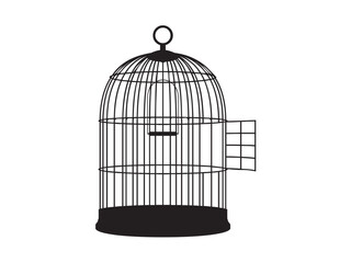 Vector isolated one single open retro vintage bird cage empty  colorless black and white contour line easy drawing