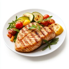A plate of grilled fish and vegetables