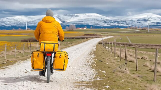 Bicycle touring adventure with mountain background, bicycle touring adventure in rural countryside, bicycle touring adventure with yellow pannier bags