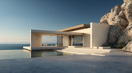 A minimalist architect drawing of a cliffside villa featuring clean lines open spaces and dramatic natural surroundings