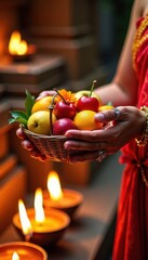 Close-up of female hands in kings holding a puja of fruits and flowers, a traditional Indian offering for the deity, oil paintings