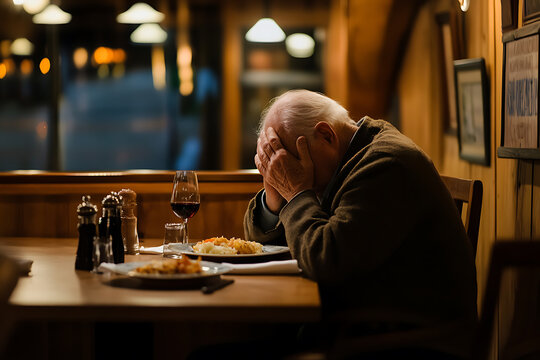 Senior man in distress, dining alone with his hands covering his face. A glass of wine and a plate of food sit untouched on the table.