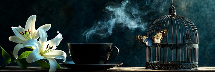 Steaming black tea cup near birdcage decorated with lily butterflies on dark background