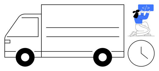 Naklejka premium Large delivery truck beside kneeling woman coding on a laptop, with a clock suggesting urgency and efficiency. Ideal for logistics, technology, delivery services, time management, coding, innovation