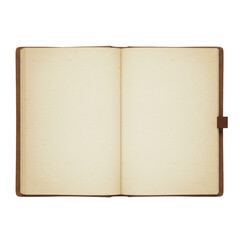 Naklejka premium Open rustic brown notebook with aged off-white paper, crisp lines, and visible stitching, isolated on transparent with copy space, top-down, shadowless light, concept of new beginnings and creativity