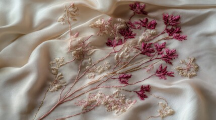 Delicate embroidered floral design on a cream-colored fabric.