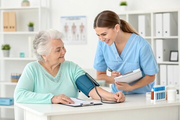 Obraz premium Friendly Nurse Checking Blood Pressure of Senior Woman in Clinic Providing Compassionate Care and Monitoring Health Promoting Wellness and Building Trust in Healthcare Setting