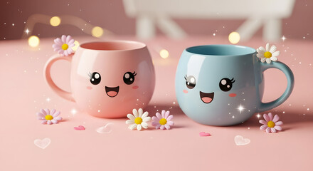 Fototapeta premium Cute Kawaii Mugs: Pink & Blue Happy Faces
