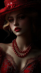 Stunning woman in a gorgeous dress wearing red pearls and an elegant hat on a black background
