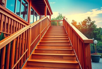 Rich, golden teak outdoor staircase ascending,  staircase,   balcony