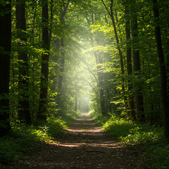 Fototapeta premium A tranquil path leads through a lush green forest, with beautiful sunbeams shining through the trees. A peaceful and magical nature scene. 