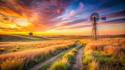 Obraz premium Serene Sunset Landscape Featuring a Rustic Windmill and a Solitary Structure on a Rolling Prairie
