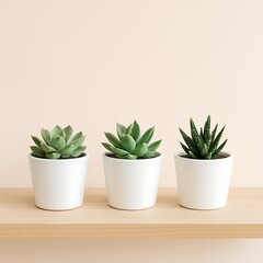 Obraz premium Minimalist arrangement of three green succulent plants in white ceramic pots on wooden shelf, modern home decor, indoor gardening, and stylish plant lover inspiration