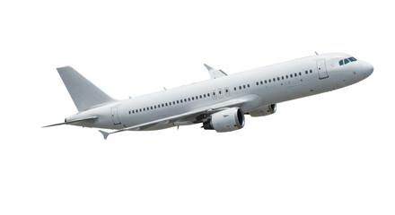 Obraz premium A sleek modern light grey and white commercial passenger airplane with twin jet engines and passenger windows, captured from a dynamic 3/4 aerial perspective on a pure transparent background with
