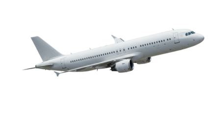 A sleek modern light grey and white commercial passenger airplane with twin jet engines and passenger windows, captured from a dynamic 3/4 aerial perspective on a pure transparent background with