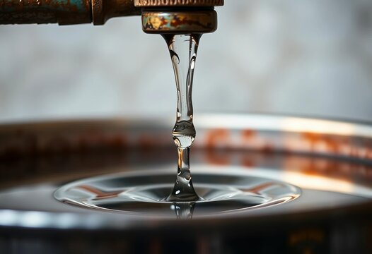 Single drop falling from leaky faucet into metal tank, one, leaking