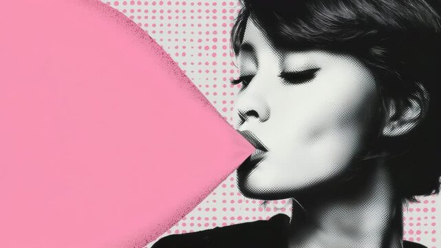 レトロ背景で女性がピンクのガムを作る