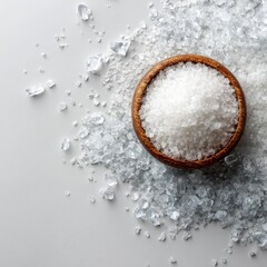 Flat lay style A bowl of coarse salt surrounded by scattered salt crystals on a light-colored surface, creating a textured and natural aesthetic.