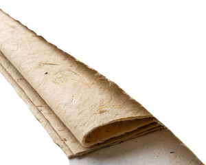 A rolled piece of parchment paper with a textured surface, displayed against a transparent background. The paper is light brown with visible fibers and imperfections.