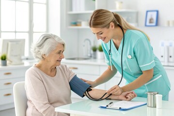 Fototapeta premium Friendly Nurse Measuring Blood Pressure of Senior Woman in Bright Modern Clinic Setting Displaying Compassionate Care and Professional Medical Service for Elderly Patient s Health