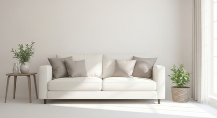 Living Room Interior with White Sofa and Plants Home Decor