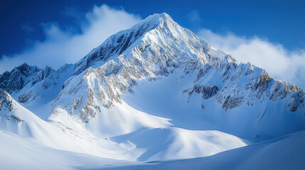 Fototapeta premium a towering snow-covered peak with rugged textures, deep shadows, and a crisp blue sky behind it, dramatic winter scenery