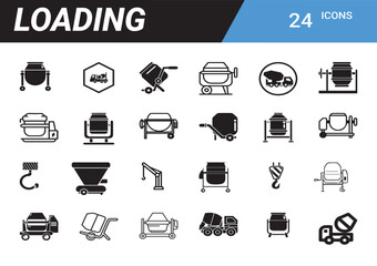 Concrete Mixer Icons: A set of 24 stylized black and white icons depicting various concrete mixers and related equipment. Perfect for industrial, construction, and engineering themes.