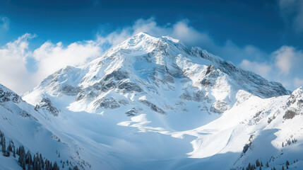 a towering snow-covered peak with rugged textures, deep shadows, and a crisp blue sky behind it, dramatic winter scenery