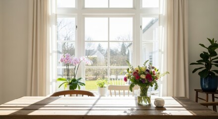 Dining Table with Flowers and Natural Light Near Window
