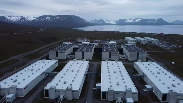 Aerial Drone Flyover: Tusass Data Center in Nuuk, Greenland - Arctic Server Complex Amidst Tundra & Mountains