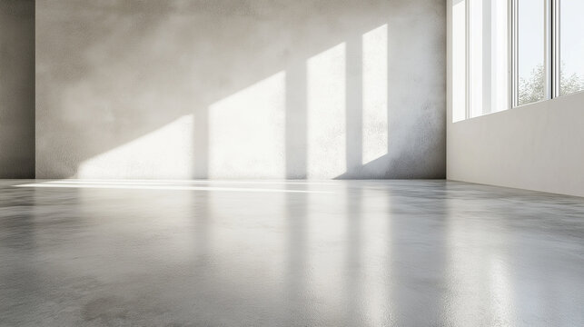 poured concrete floor in room in constructed house, Empty room in a new building with finished plaster walls and a concrete floor, generative ai