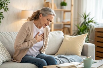 Senior Woman Experiencing Chest Pain at Home Possibly a Heart Attack Seated on a Couch with a Concerned Expression Holding Her Chest Seeking Medical Attention