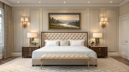 Elegant master bedroom with tufted headboard and landscape artwork