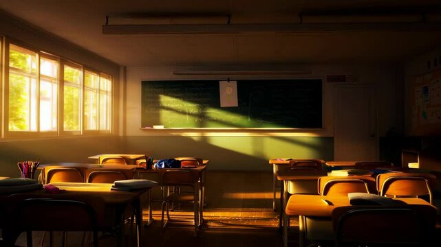 A classroom with a green chalkboard and a few desks