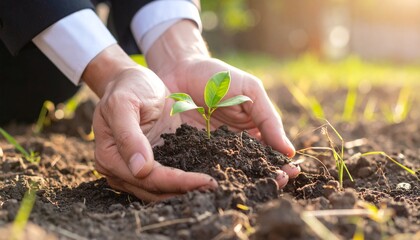 Hands carefully holding a young plant seedling with soil outdoors. Symbolizing growth, sustainability, and care for the environment