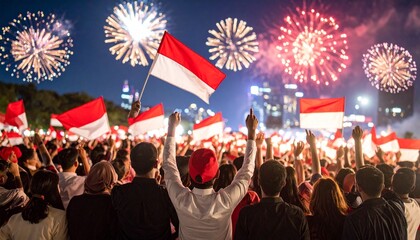 A futuristic vision of Indonesian Independence Day, showcasing advanced technology and sustainable living, with citizens celebrating in innovative urban landscapes