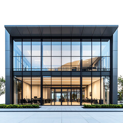 Modern Flat-Roof Glass Office Building with Steel Frames, Frontal View, isolated on transparent background PNG