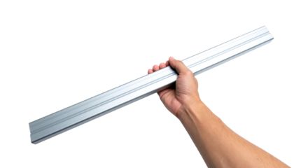A hand firmly holding a straight metal ruler against a white background. The ruler is made of shiny, silver metal and the hand holds it with a secure grip