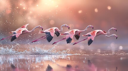 Pink flamingos in flight